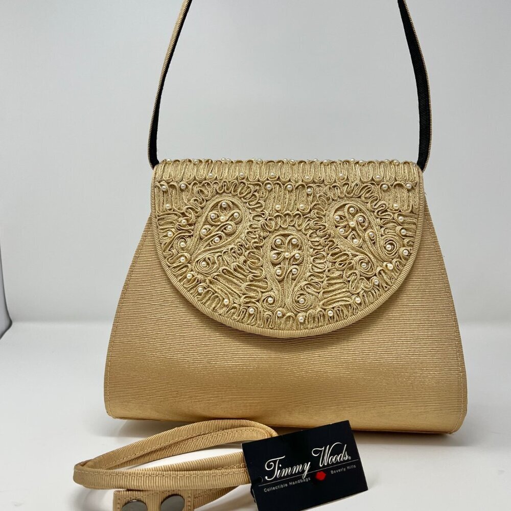 Timmy Woods Beverly Hills Purse Gold Textured w/High Relief Pearl Embroidery